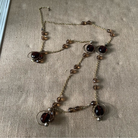 Brown planet orb sphere circle gold tone layering necklace long lanyard wrap - Picture 4 of 5